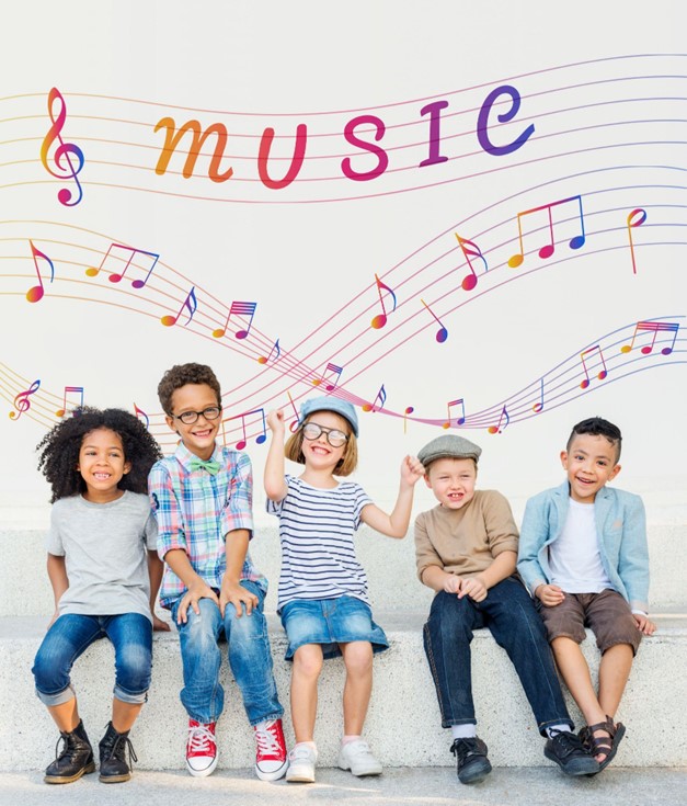 Young children with sheet music behind them